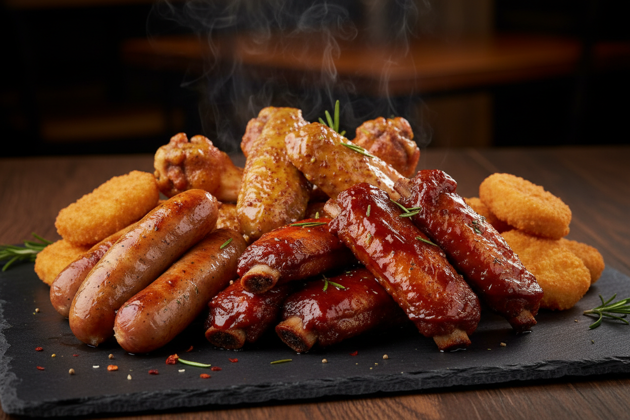 Mixed tray of sausages, honey mustard wings, barbeque wings, barbeque ribs, chicken nuggets. Food Photography